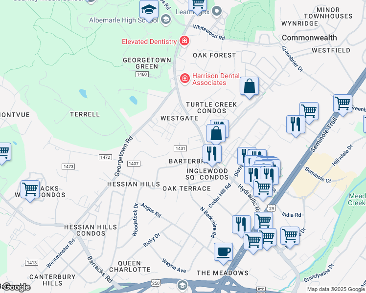 map of restaurants, bars, coffee shops, grocery stores, and more near 2452 North Berkshire Road in Charlottesville