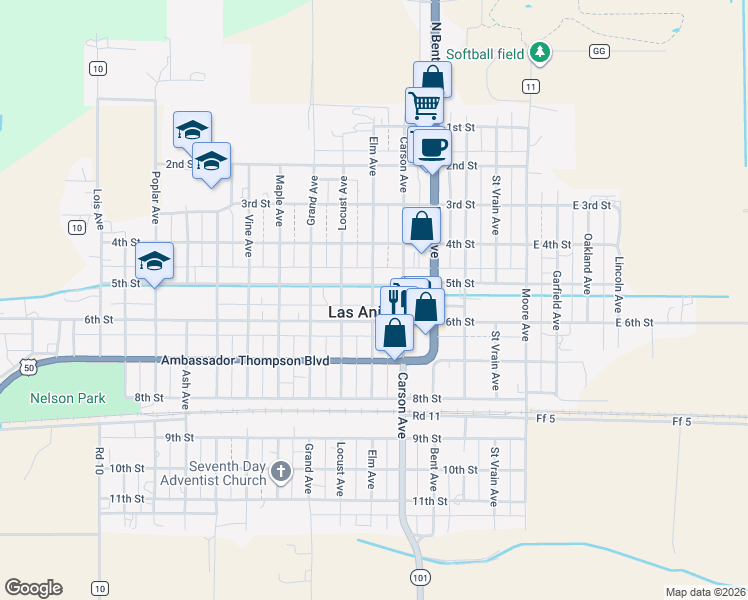 map of restaurants, bars, coffee shops, grocery stores, and more near in Las Animas