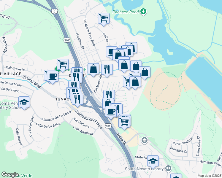map of restaurants, bars, coffee shops, grocery stores, and more near 402 San Paulo Way in Novato
