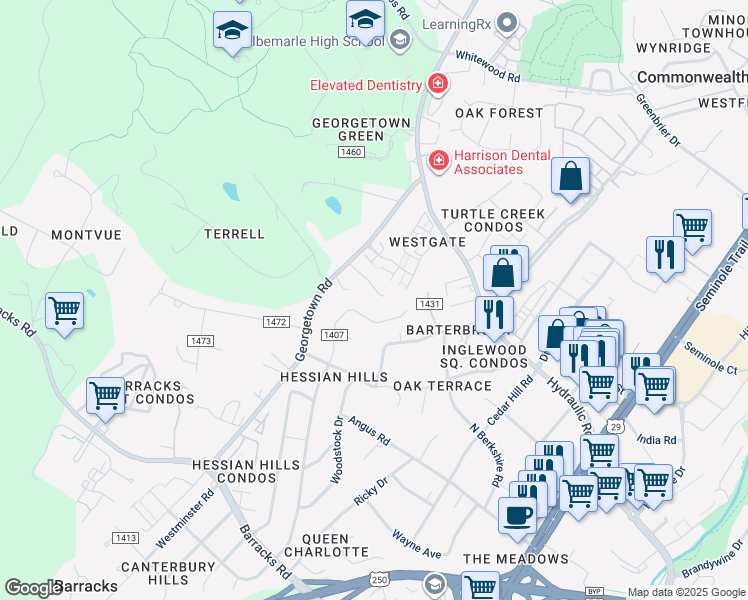 map of restaurants, bars, coffee shops, grocery stores, and more near 59 Court Place in Charlottesville