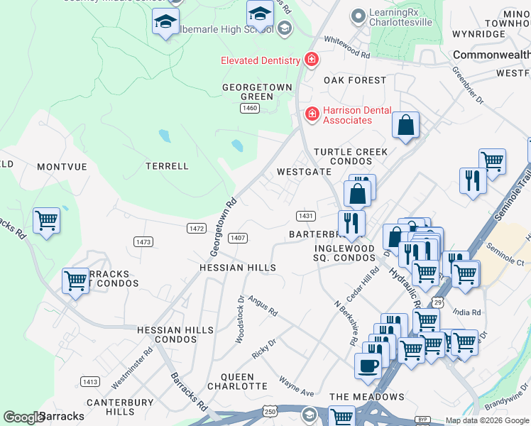 map of restaurants, bars, coffee shops, grocery stores, and more near 55 Court Place in Charlottesville