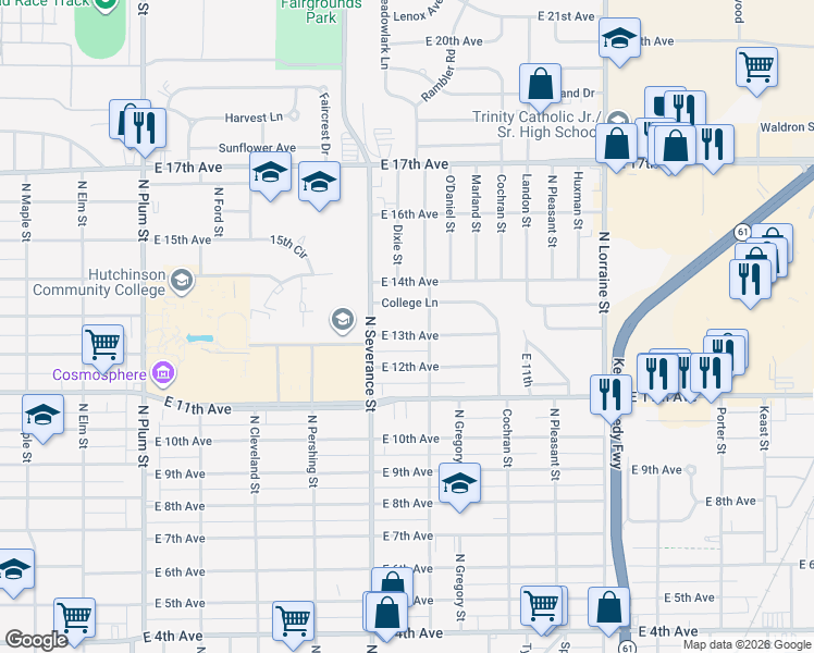 map of restaurants, bars, coffee shops, grocery stores, and more near 1301 North Baker Street in Hutchinson