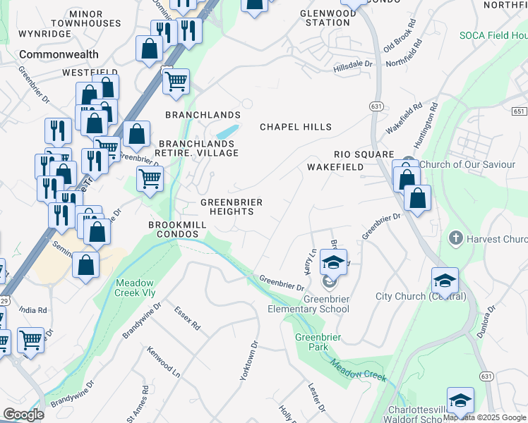 map of restaurants, bars, coffee shops, grocery stores, and more near 106 Marie Place in Charlottesville