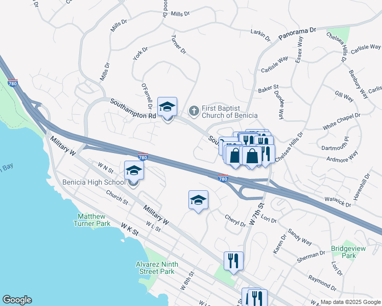 map of restaurants, bars, coffee shops, grocery stores, and more near 900 Southampton Road in Benicia