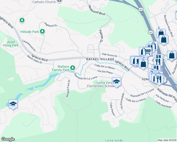 map of restaurants, bars, coffee shops, grocery stores, and more near 50 Corte Roble in Novato