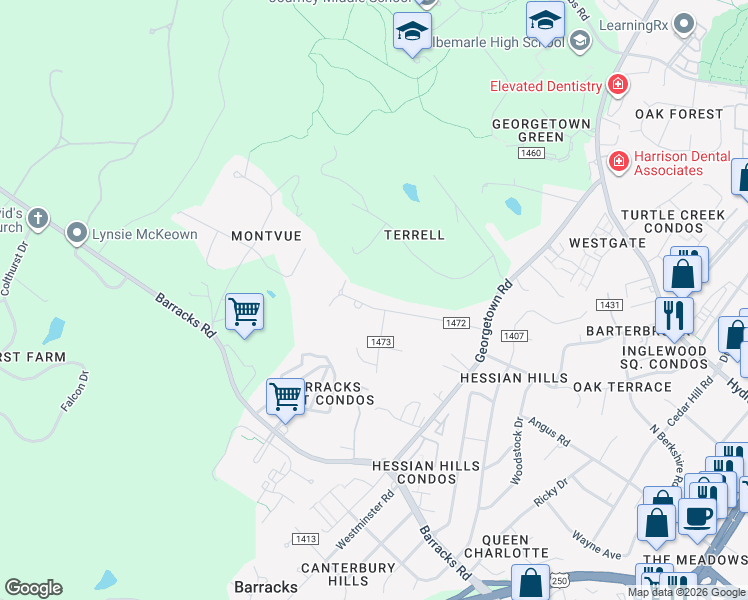 map of restaurants, bars, coffee shops, grocery stores, and more near 1724 Old Forge Road in Charlottesville