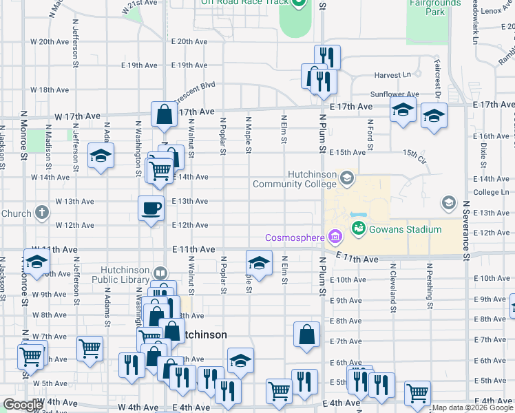 map of restaurants, bars, coffee shops, grocery stores, and more near 305 East 13th Avenue in Hutchinson