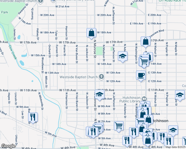 map of restaurants, bars, coffee shops, grocery stores, and more near 1215 North Monroe Street in Hutchinson