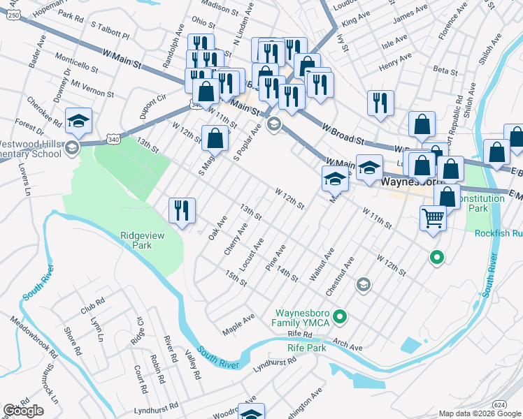 map of restaurants, bars, coffee shops, grocery stores, and more near 456 Cherry Avenue in Waynesboro