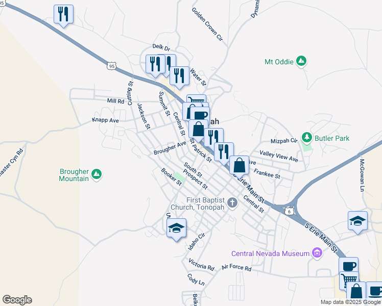 map of restaurants, bars, coffee shops, grocery stores, and more near 171 Central Street in Tonopah