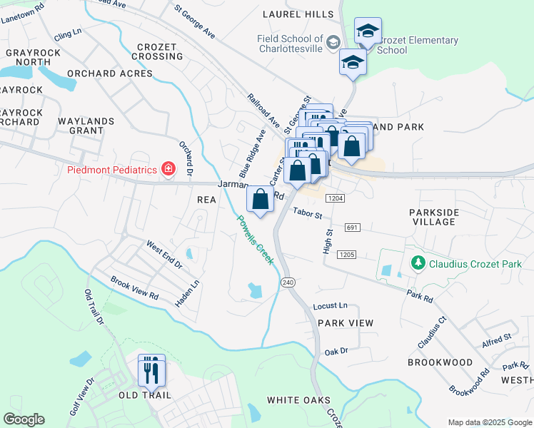 map of restaurants, bars, coffee shops, grocery stores, and more near 1108 Virginia 240 in Crozet