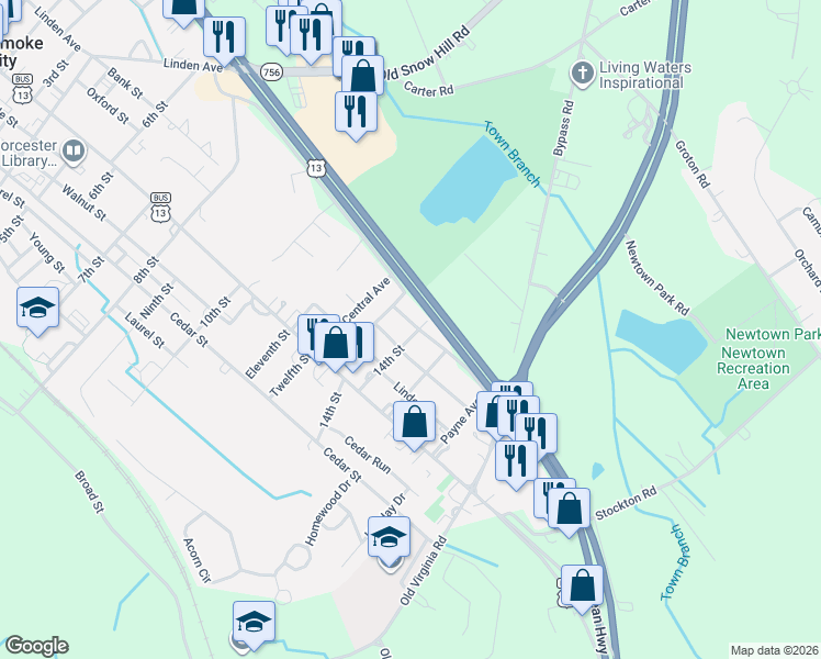 map of restaurants, bars, coffee shops, grocery stores, and more near 1310 Snow Hill Lane in Pocomoke City