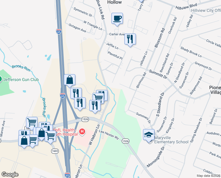 map of restaurants, bars, coffee shops, grocery stores, and more near 103 Oxford Lane in Louisville