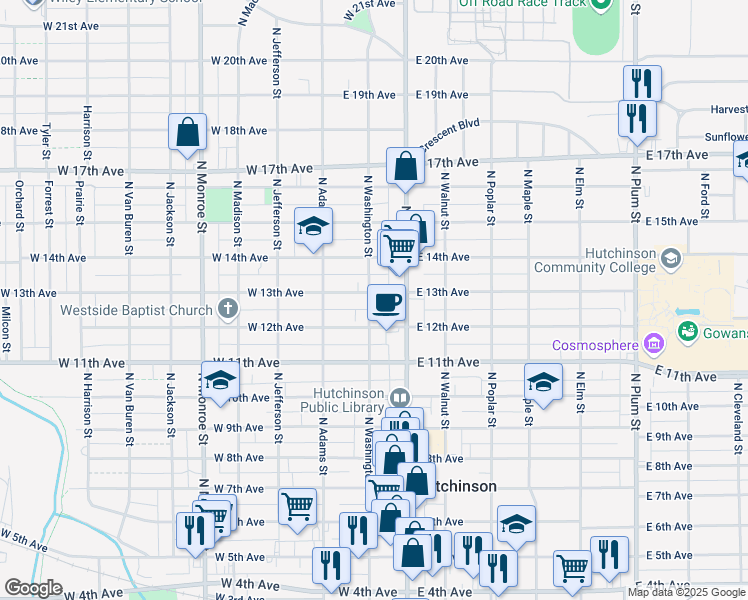 map of restaurants, bars, coffee shops, grocery stores, and more near 1252 North Washington Street in Hutchinson