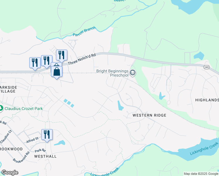 map of restaurants, bars, coffee shops, grocery stores, and more near 5545 Stonegate Lane in Crozet