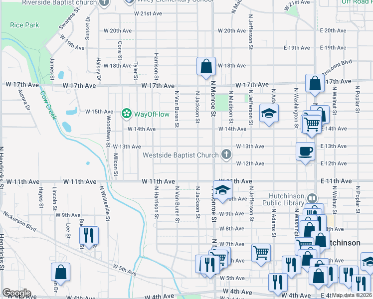 map of restaurants, bars, coffee shops, grocery stores, and more near 603 West 13th Avenue in Hutchinson