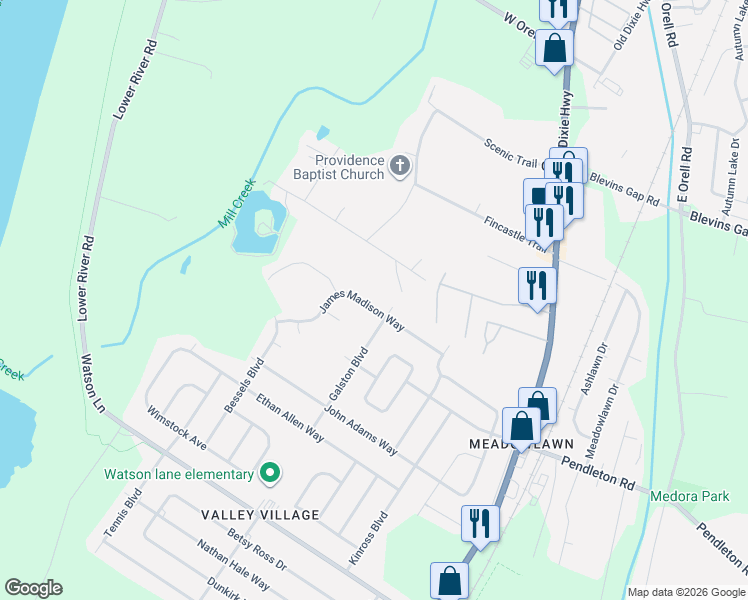 map of restaurants, bars, coffee shops, grocery stores, and more near 6907 James Madison Way in Louisville