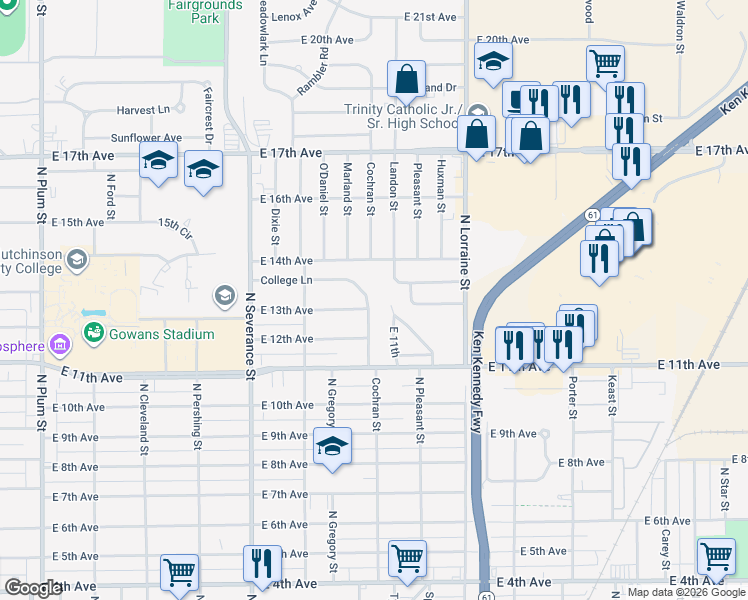 map of restaurants, bars, coffee shops, grocery stores, and more near 1026 College Lane in Hutchinson