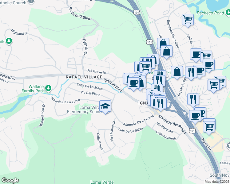 map of restaurants, bars, coffee shops, grocery stores, and more near 400 Calle De La Mesa in Novato