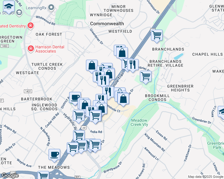 map of restaurants, bars, coffee shops, grocery stores, and more near in Charlottesville