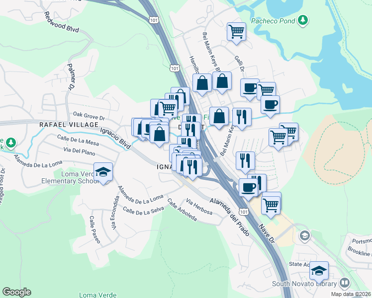map of restaurants, bars, coffee shops, grocery stores, and more near 335 Enfrente Road in Novato