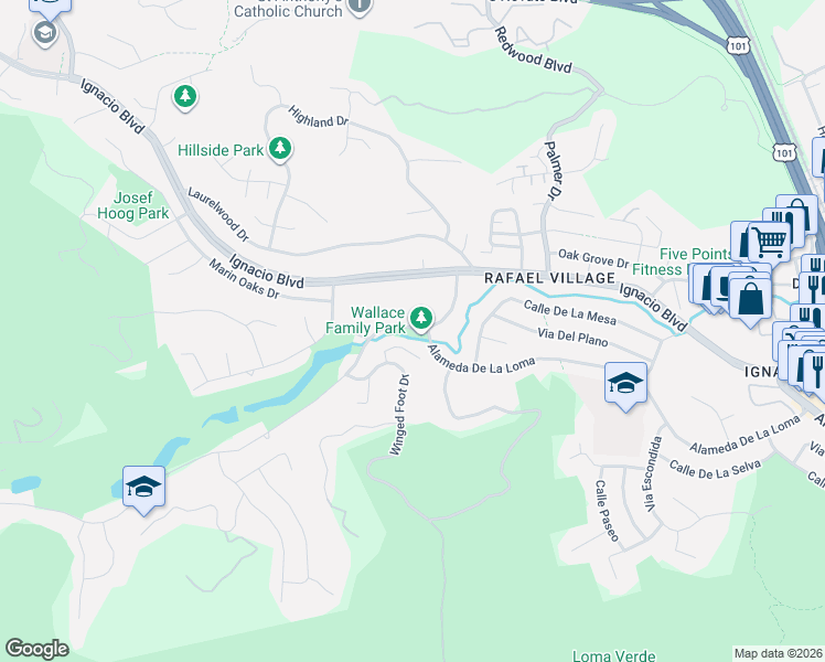 map of restaurants, bars, coffee shops, grocery stores, and more near 101 Fairway Drive in Novato