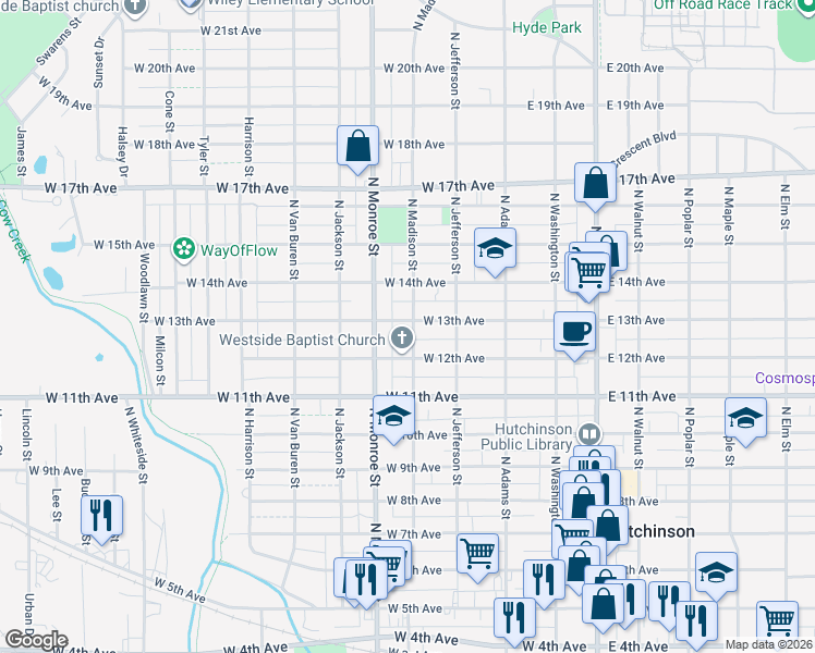 map of restaurants, bars, coffee shops, grocery stores, and more near 401 West 13th Avenue in Hutchinson
