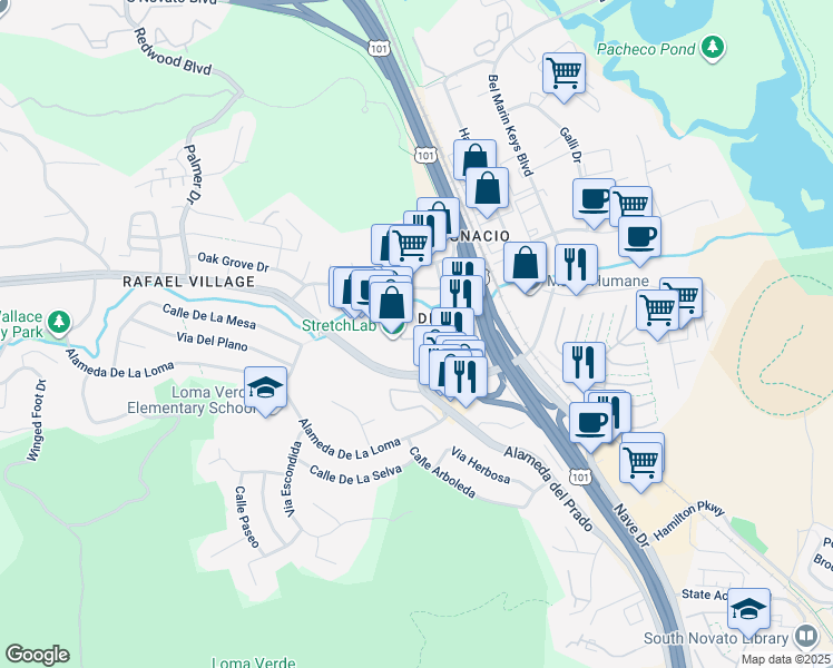map of restaurants, bars, coffee shops, grocery stores, and more near 17 Salvatore Drive in Novato