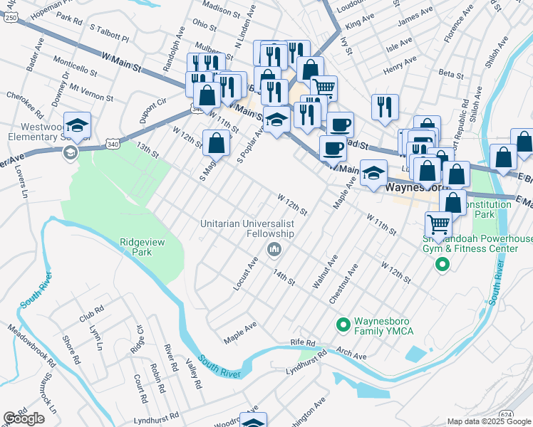 map of restaurants, bars, coffee shops, grocery stores, and more near 456 Cherry Avenue in Waynesboro