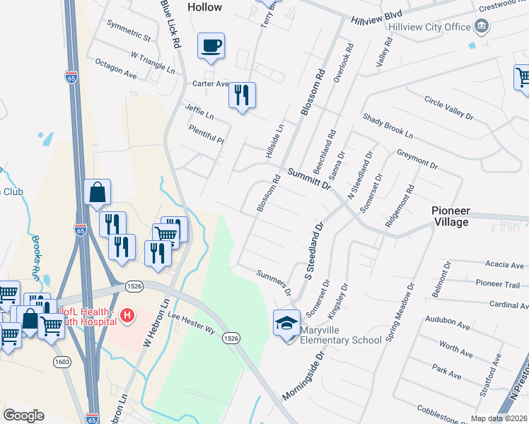 map of restaurants, bars, coffee shops, grocery stores, and more near 807 Blossom Road in Louisville