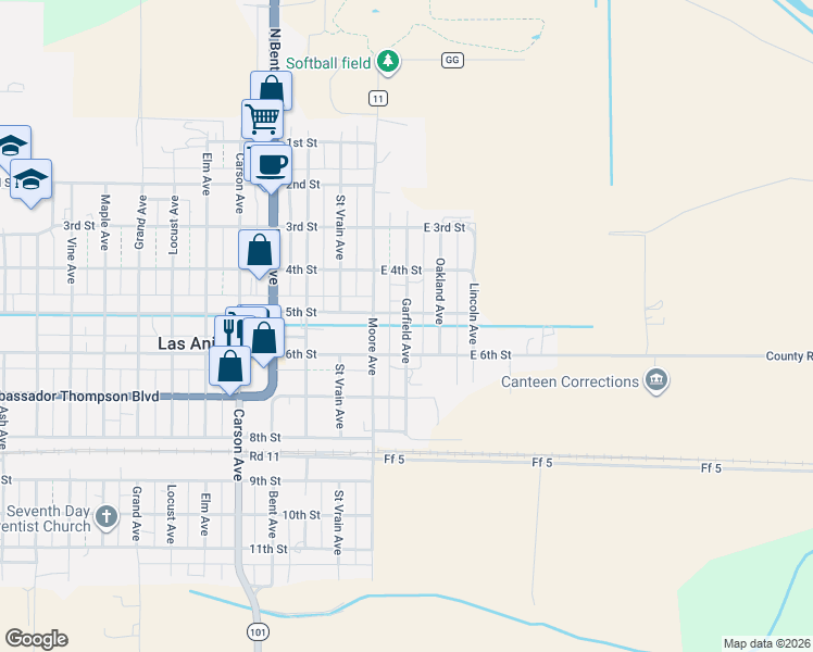 map of restaurants, bars, coffee shops, grocery stores, and more near 535 Garfield Avenue in Las Animas