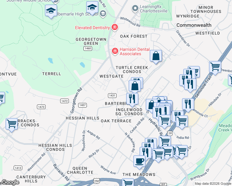 map of restaurants, bars, coffee shops, grocery stores, and more near 2527 Hydraulic Road in Charlottesville