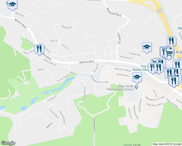 map of restaurants, bars, coffee shops, grocery stores, and more near 599 Alameda De La Loma in Novato
