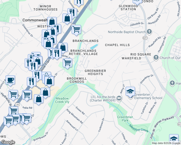 map of restaurants, bars, coffee shops, grocery stores, and more near 598 Pebblecreek Court in Charlottesville
