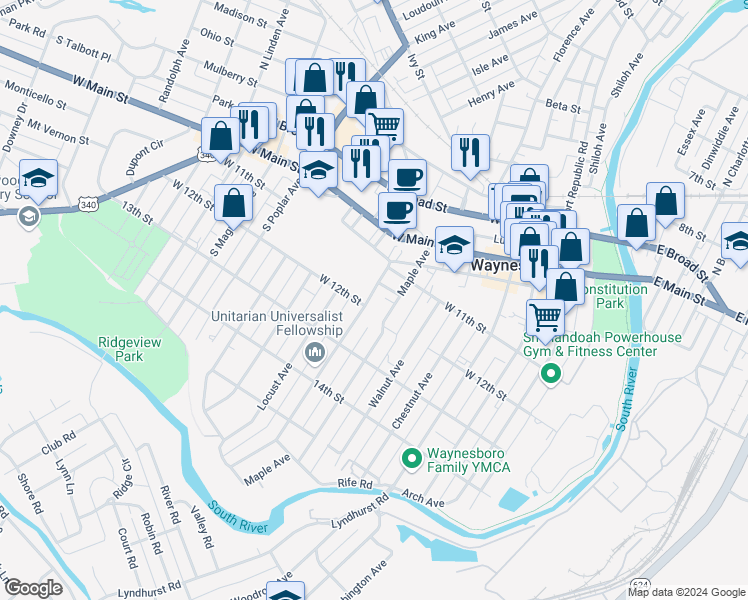 map of restaurants, bars, coffee shops, grocery stores, and more near 360 Pine Avenue in Waynesboro