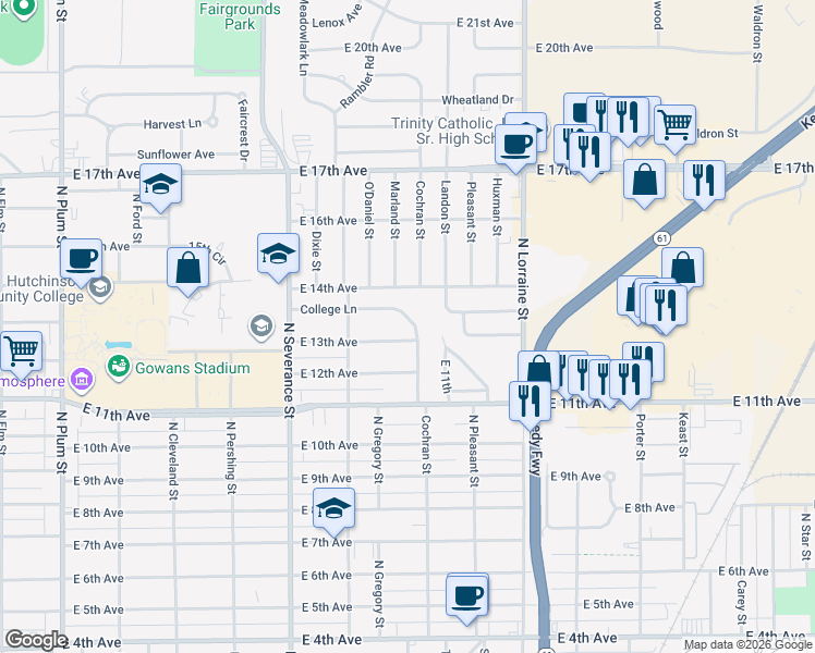 map of restaurants, bars, coffee shops, grocery stores, and more near 1026-1028 College Lane in Hutchinson