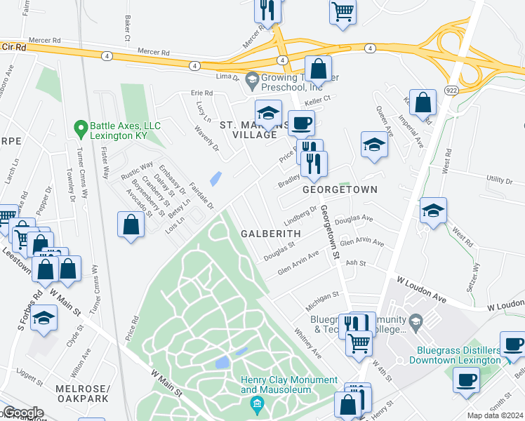 map of restaurants, bars, coffee shops, grocery stores, and more near 761 Florence Avenue in Lexington