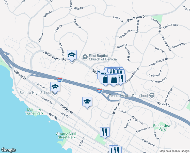 map of restaurants, bars, coffee shops, grocery stores, and more near 900 Southampton Road in Benicia