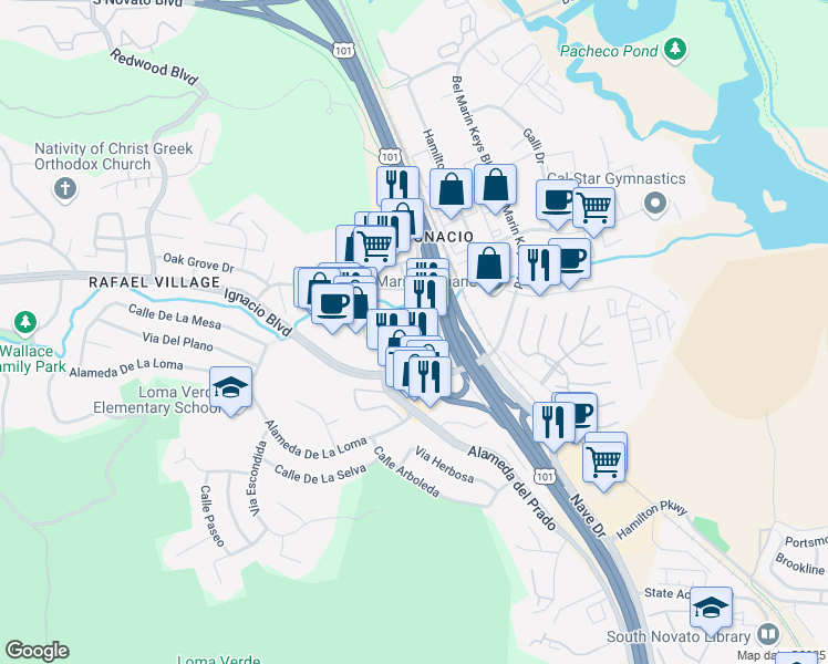map of restaurants, bars, coffee shops, grocery stores, and more near 349 Enfrente Road in Novato