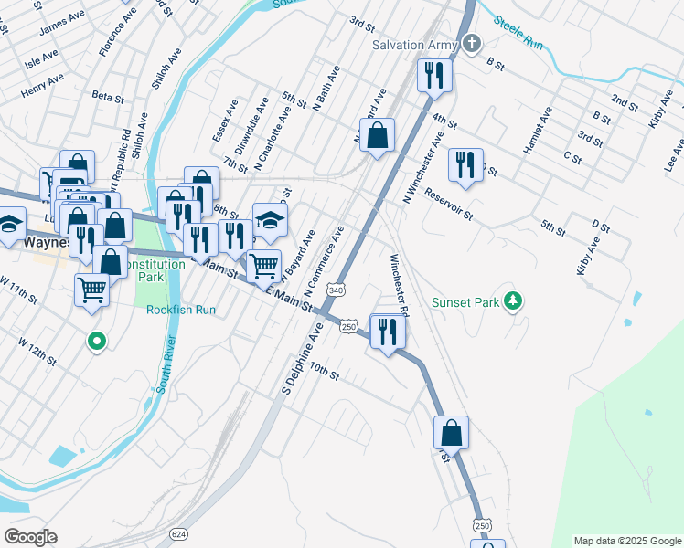 map of restaurants, bars, coffee shops, grocery stores, and more near 200 North Delphine Avenue in Waynesboro