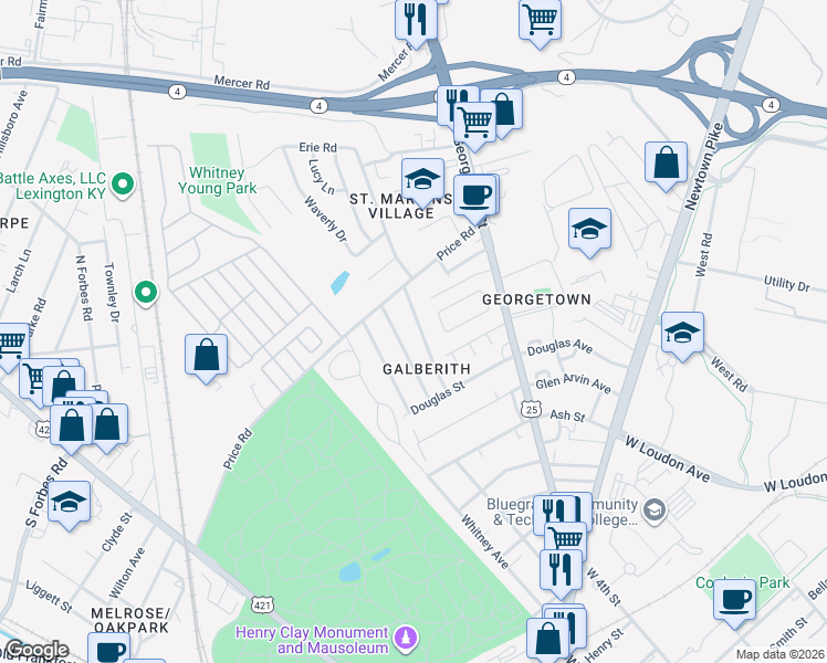 map of restaurants, bars, coffee shops, grocery stores, and more near 747 Florence Avenue in Lexington