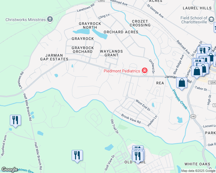 map of restaurants, bars, coffee shops, grocery stores, and more near 7122 Bradbury Court in Crozet