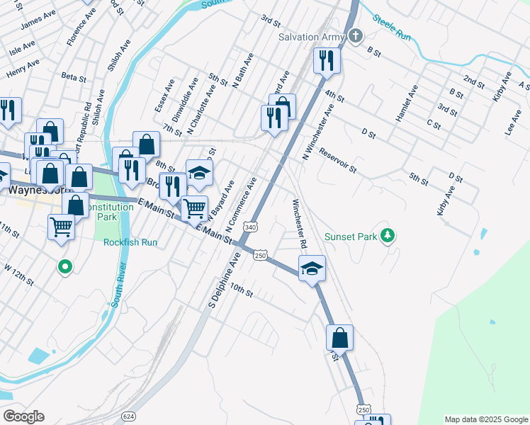 map of restaurants, bars, coffee shops, grocery stores, and more near 200 North Delphine Avenue in Waynesboro