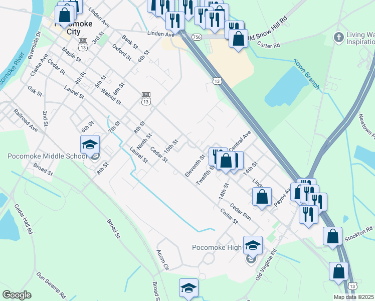map of restaurants, bars, coffee shops, grocery stores, and more near 1006 Market Street in Pocomoke City