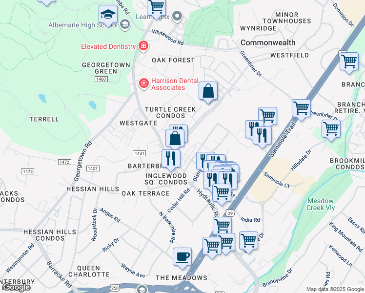 map of restaurants, bars, coffee shops, grocery stores, and more near 2033 Commonwealth Drive in Charlottesville
