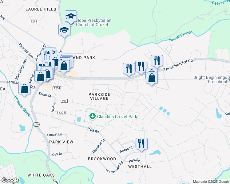 map of restaurants, bars, coffee shops, grocery stores, and more near 375 Claibourne Road in Crozet