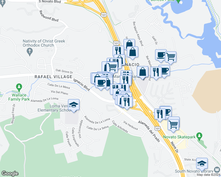 map of restaurants, bars, coffee shops, grocery stores, and more near 32 Salvatore Drive in Novato