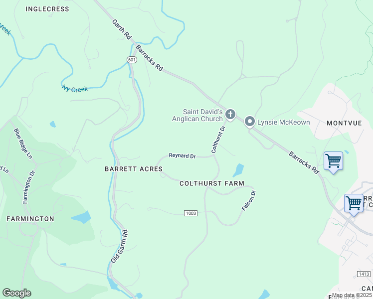 map of restaurants, bars, coffee shops, grocery stores, and more near 105 Reynard Drive in Charlottesville