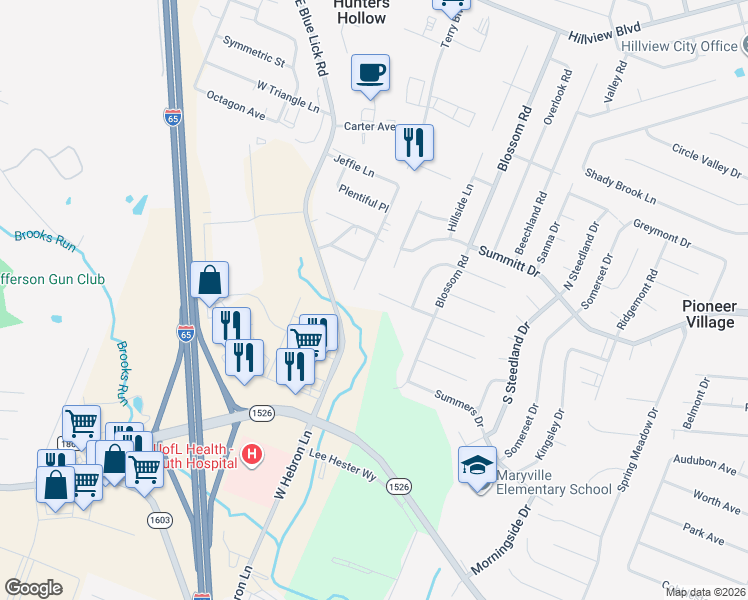 map of restaurants, bars, coffee shops, grocery stores, and more near 103 Oxford Lane in Louisville
