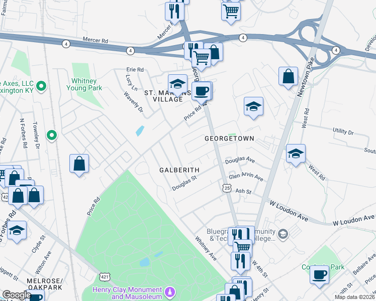 map of restaurants, bars, coffee shops, grocery stores, and more near 435 Lindberg Drive in Lexington